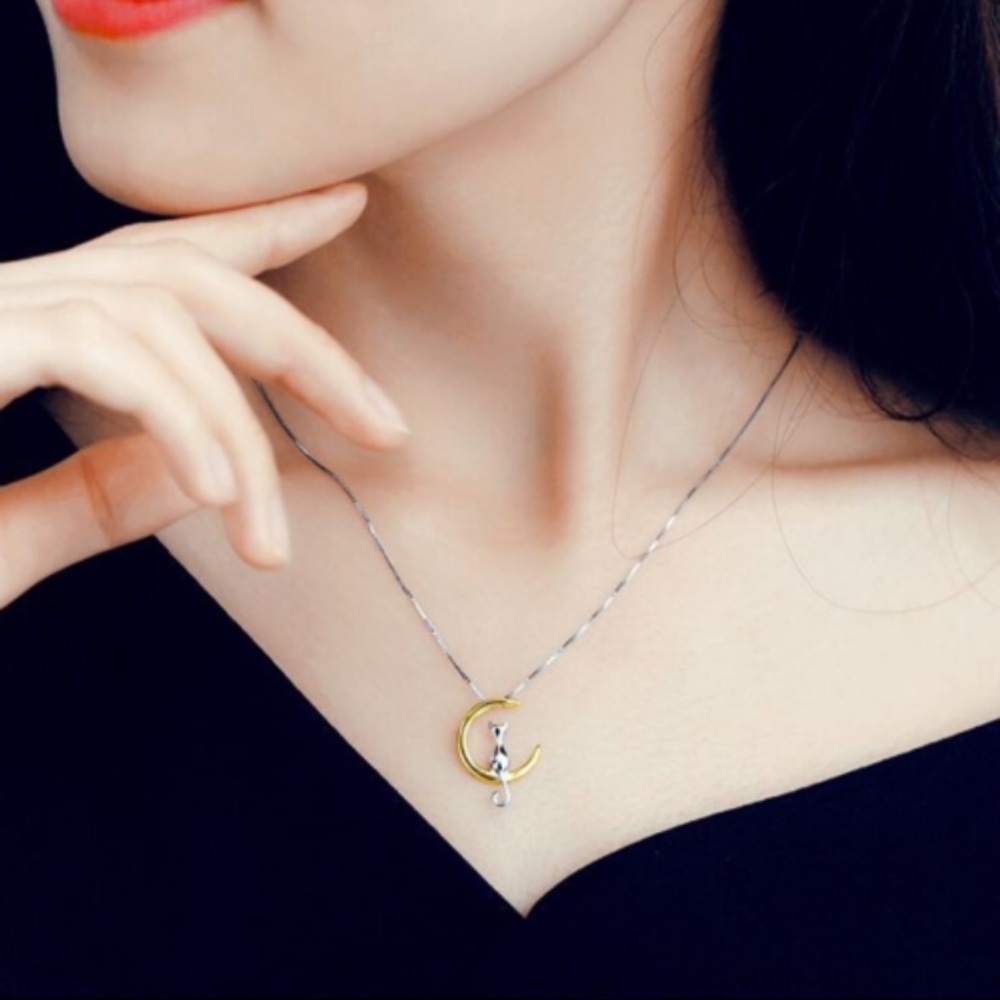 3/$30 Cat Moon Zinc Alloy Pendant Necklace